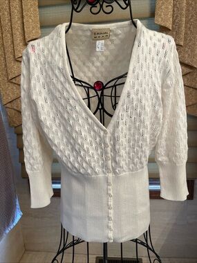 Casual W.E.A.R. Ivory/White Cardigan Sweater Size Large 3/4 Sleeves UK 14/16